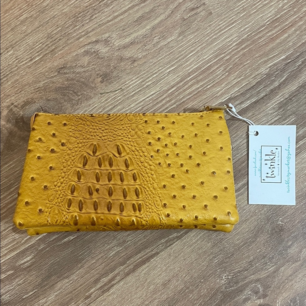 Mustard Croc-Embossed Leather Crossbody Pouch